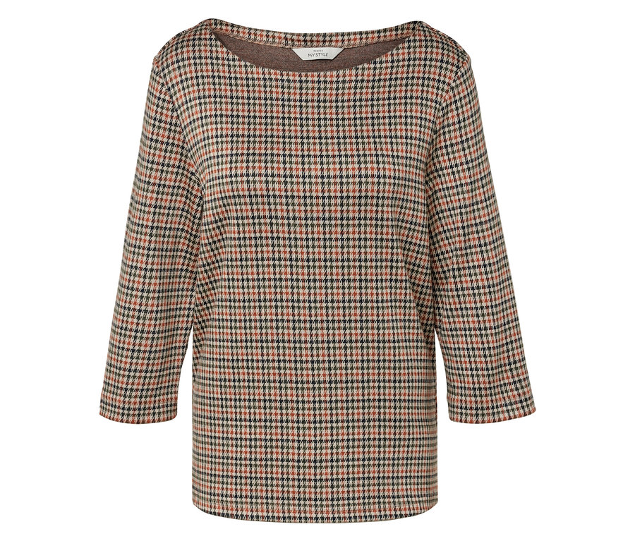 Kostkovaná halenka s tříčtvrtečními rukávy a lodičkovým výstřihem.
