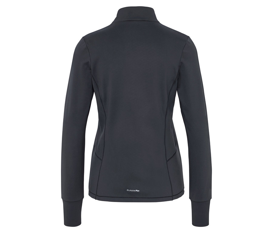 Tmavě šedá sportovní bunda s dlouhými rukávy, zapínáním na zip a nápisem Dry Active Plus vzadu.