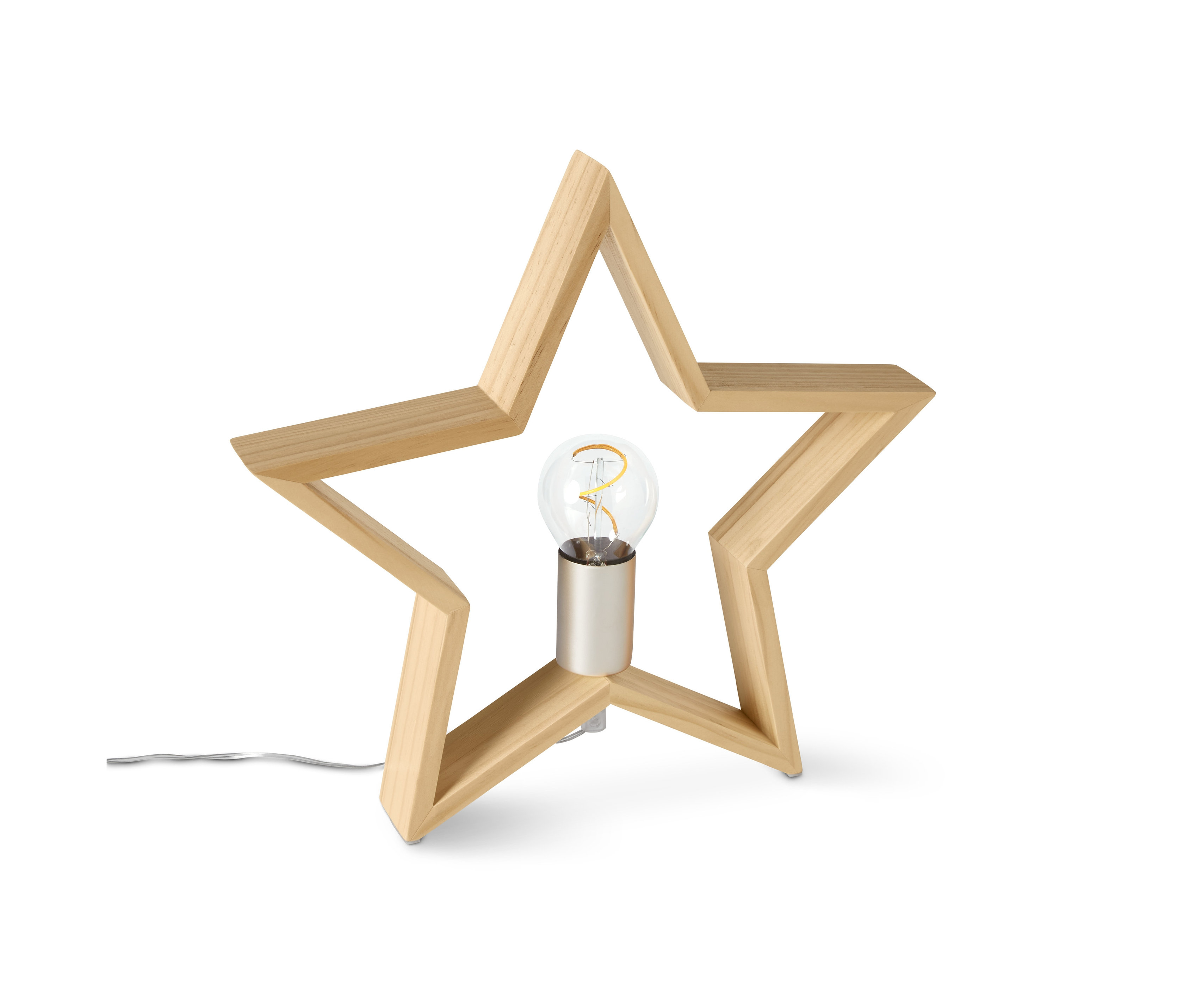 Dřevěná hvězda s LED žárovkou uprostřed.