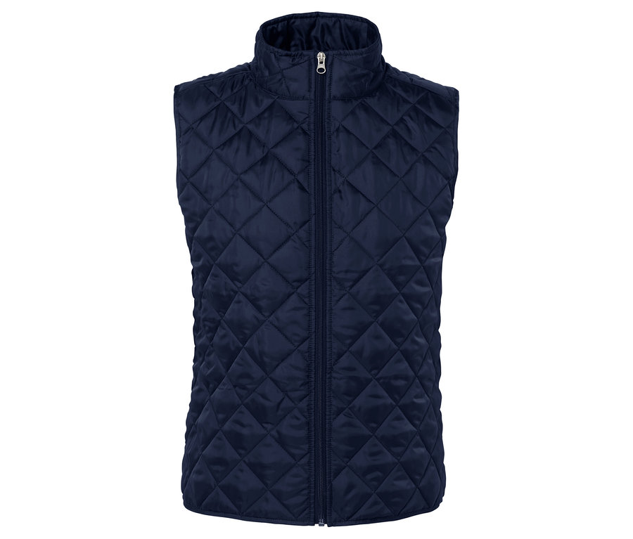 Tmavě modrá prošívaná vesta se zipem uprostřed.