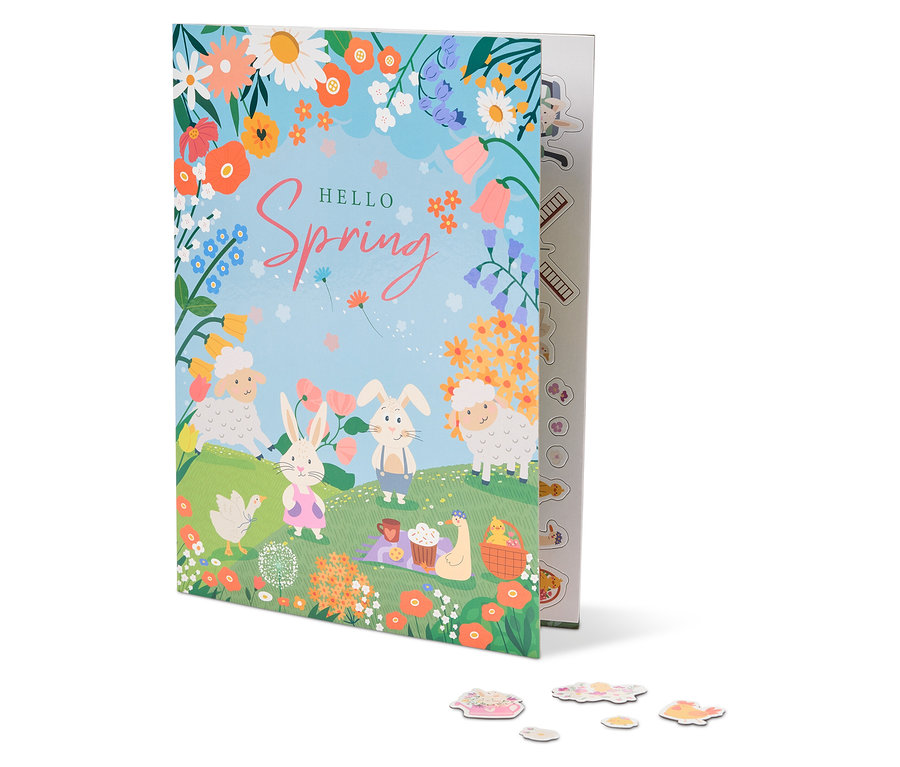 Ilustrace knihy s názvem "Hello Spring" s ovcemi, králíky, květinami a piknikovou dekou.