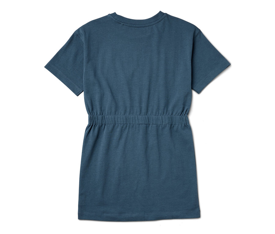 Modré dětské šaty z pevného žerzeje s krátkými rukávy a stahováním v pase.