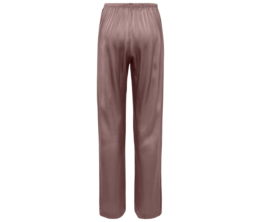 Hnědé saténové kalhoty s elastickým pasem.