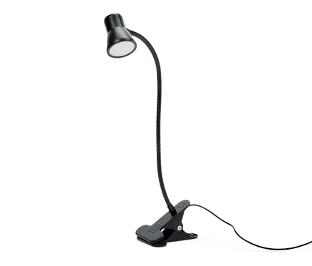 Černé LED svítidlo s klipem na bílém pozadí.