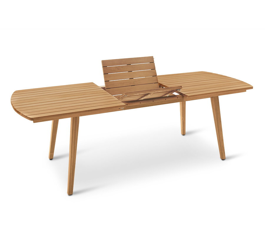 Rozložený dřevěný stůl s lamelovým vzorem.