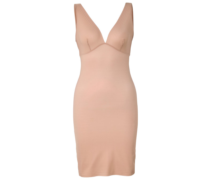 Beige tvarující šaty s výstřihem do V.