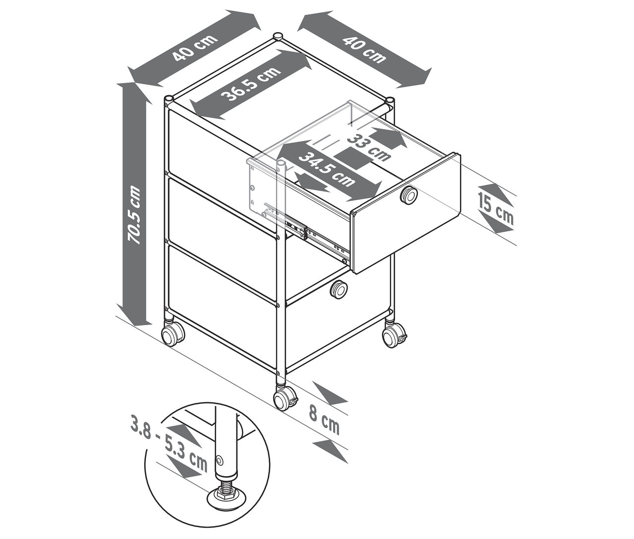 Nákres kontejneru na kolečkách CN3 se 3 zásuvkami, jedna je otevřená. Rozměry jsou uvedeny v centimetrech.