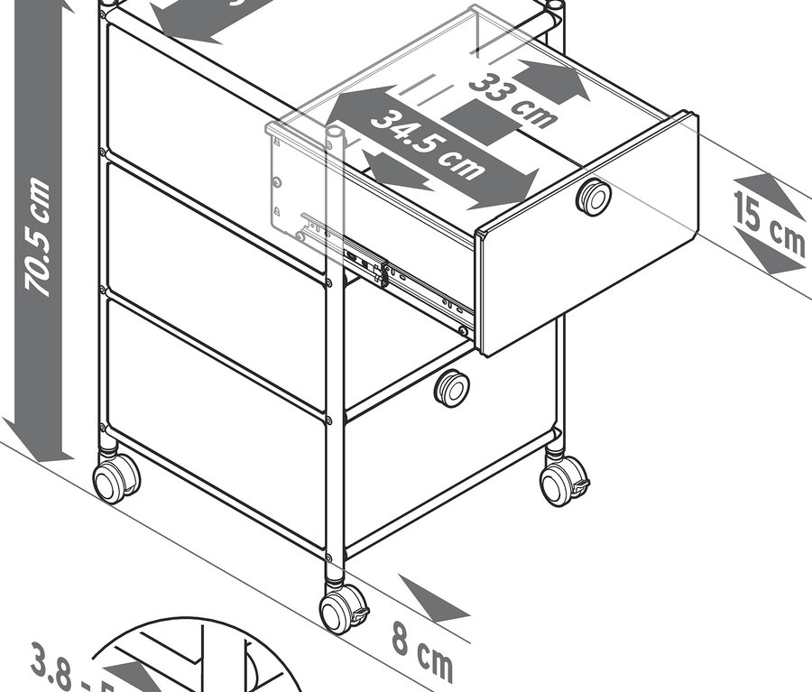 Nákres kontejneru na kolečkách CN3 se 3 zásuvkami, jedna je otevřená. Rozměry jsou uvedeny v centimetrech.