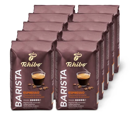 Deset hnědých balení zrnkové kávy BARISTA Espresso uspořádaných do dvou řad.