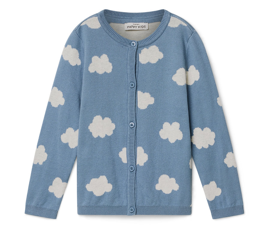 Světle modrý pletený kardigan s bílým vzorem mraků a knoflíkovou légou.