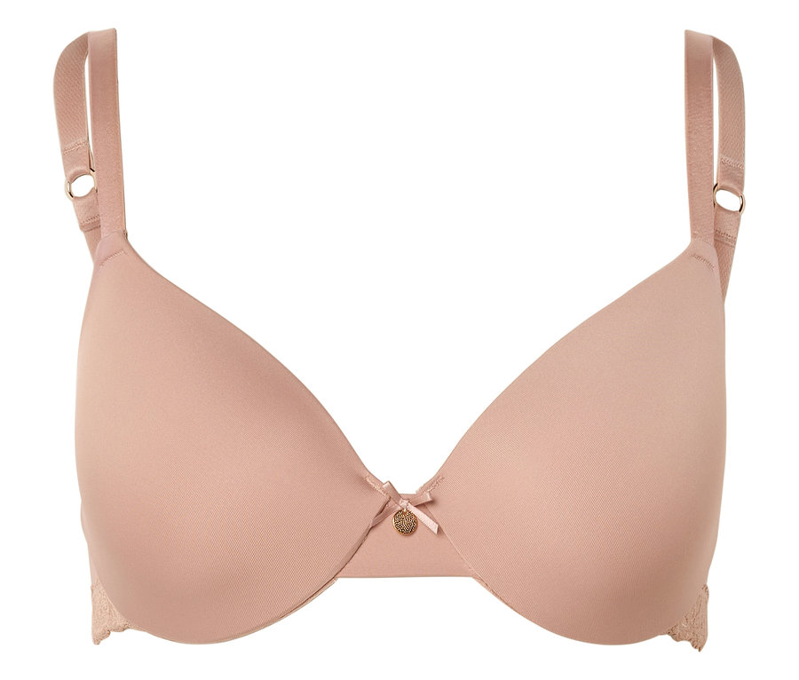 Tělová podprsenka s nastavitelnými ramínky, mašlí a malým zlatým přívěskem uprostřed.