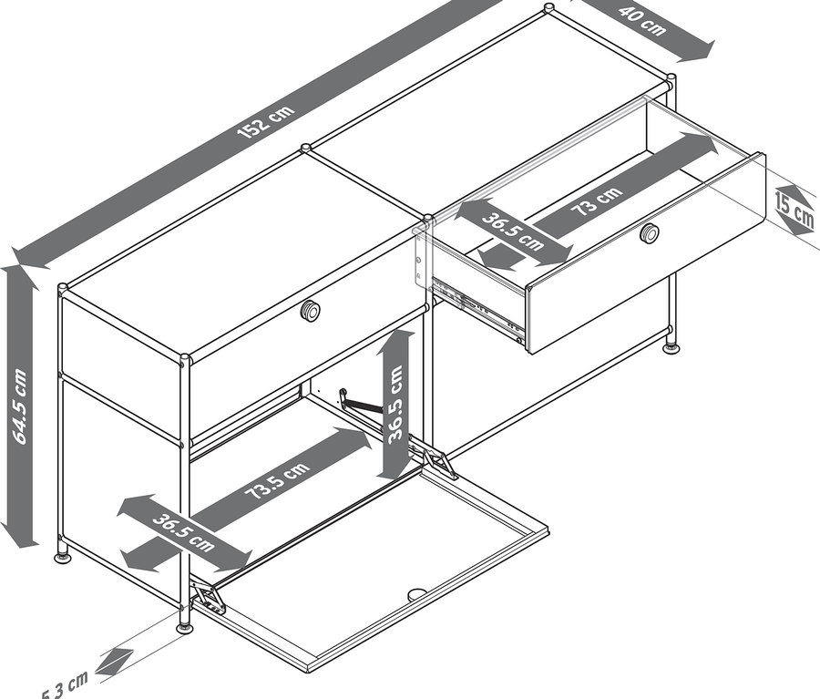 Černobílé schéma skříně s rozměry.