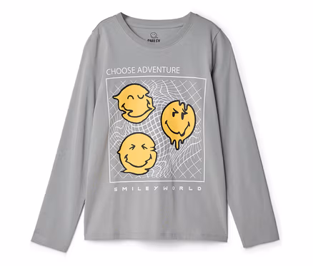 Šedé dětské triko s dlouhým rukávem SMILEYWORLD® s potiskem: tři zdeformované žluté smajlíky v bílém rámečku, nad ním "CHOOSE ADVENTURE", pod ním "SMILEY WORLD".