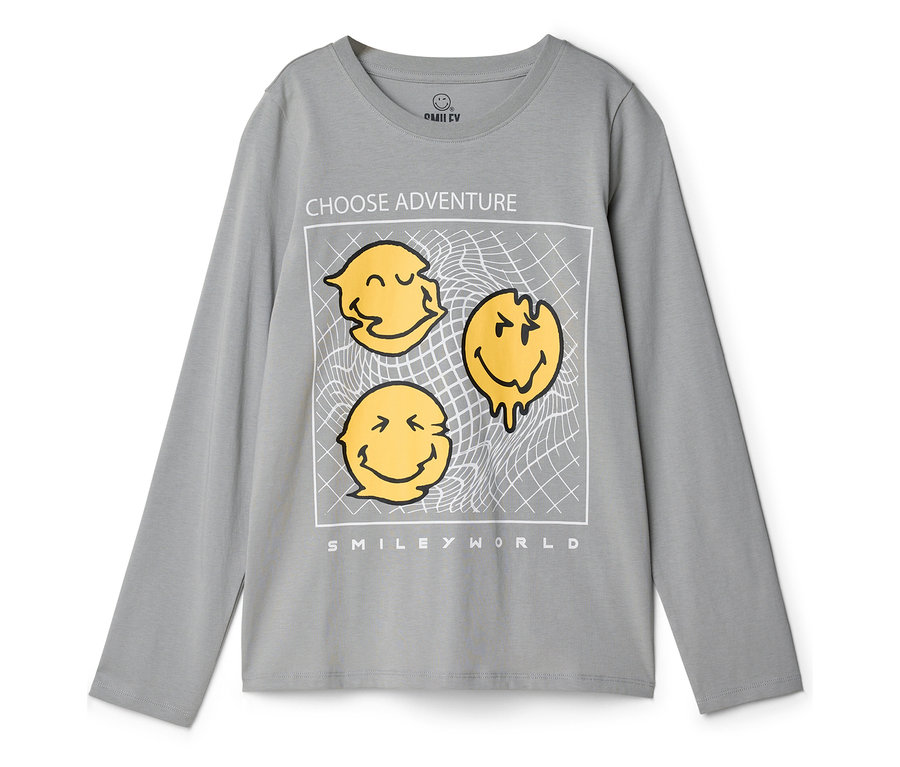Šedé dětské triko s dlouhým rukávem SMILEYWORLD® s potiskem: tři zdeformované žluté smajlíky v bílém rámečku, nad ním "CHOOSE ADVENTURE", pod ním "SMILEY WORLD".