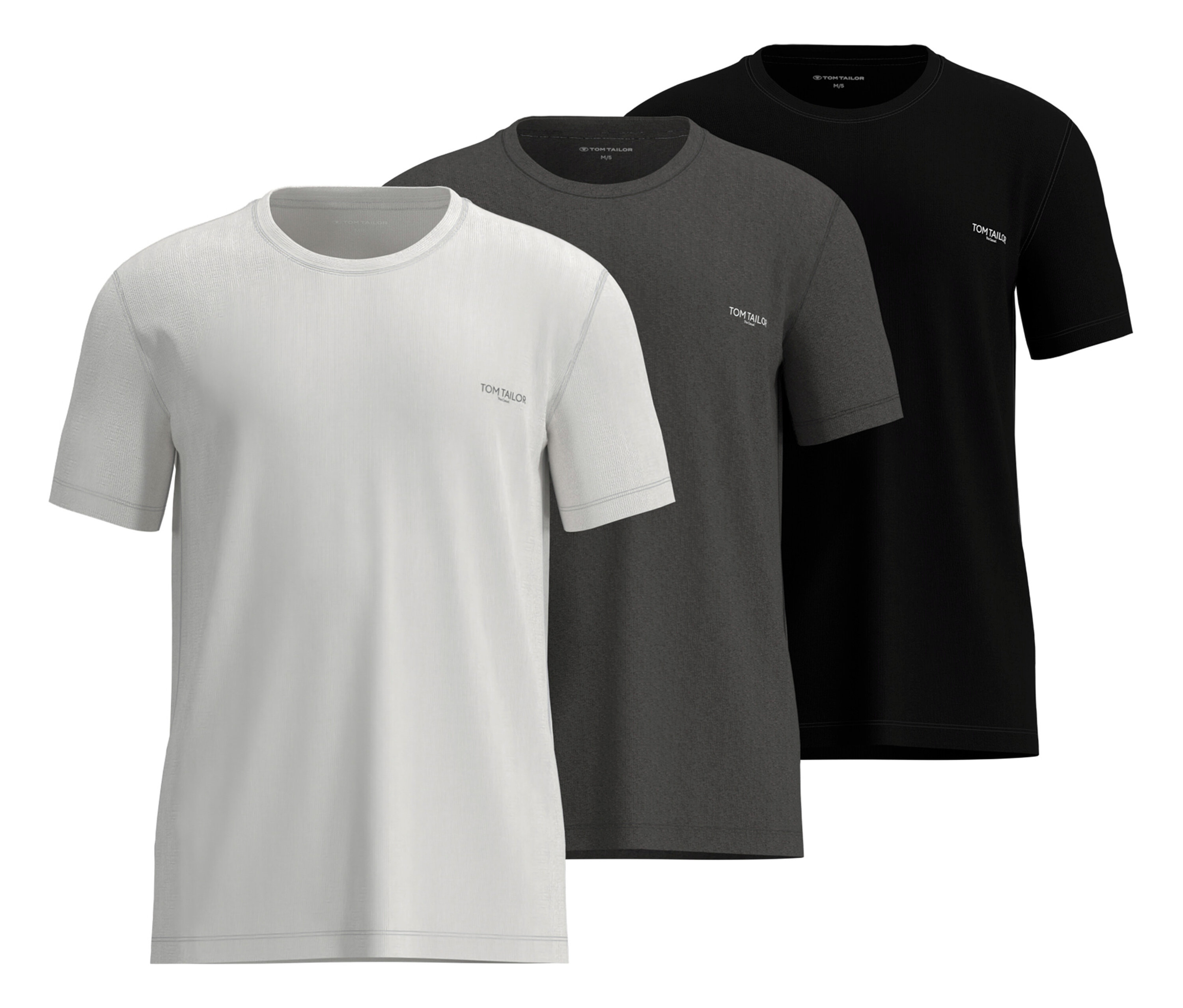 Tři různobarevná trička Tom Tailor »Ohio«, 3 ks, naskládané na sobě: bílé, šedé a černé.
