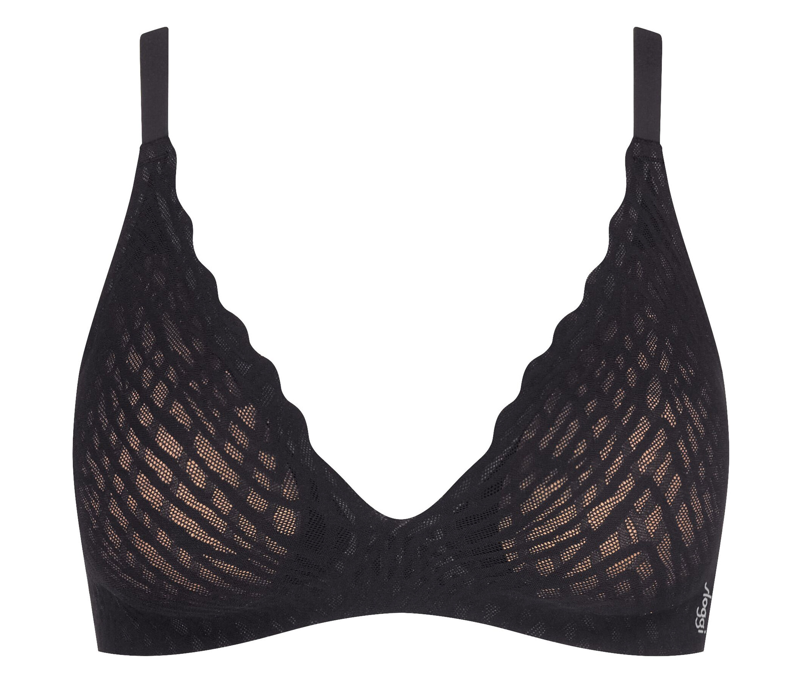 Černá podprsenka s ramínky za krk a průhlednou síťovinou.