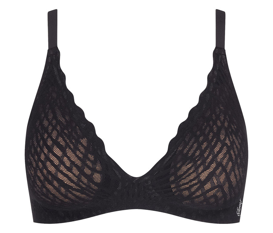 Černá podprsenka s ramínky za krk a průhlednou síťovinou.
