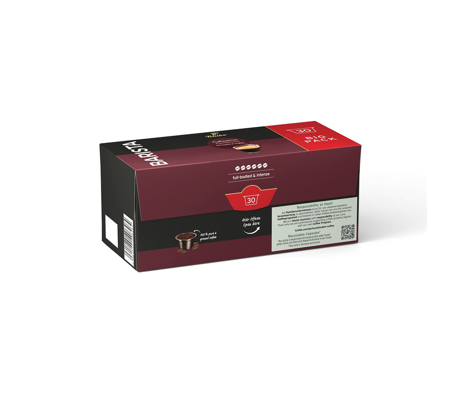 Tmavě červené balení kapslí Tchibo Barista s nápisem „full-bodied & intense“ a poznámkou „Zde otevřete“.