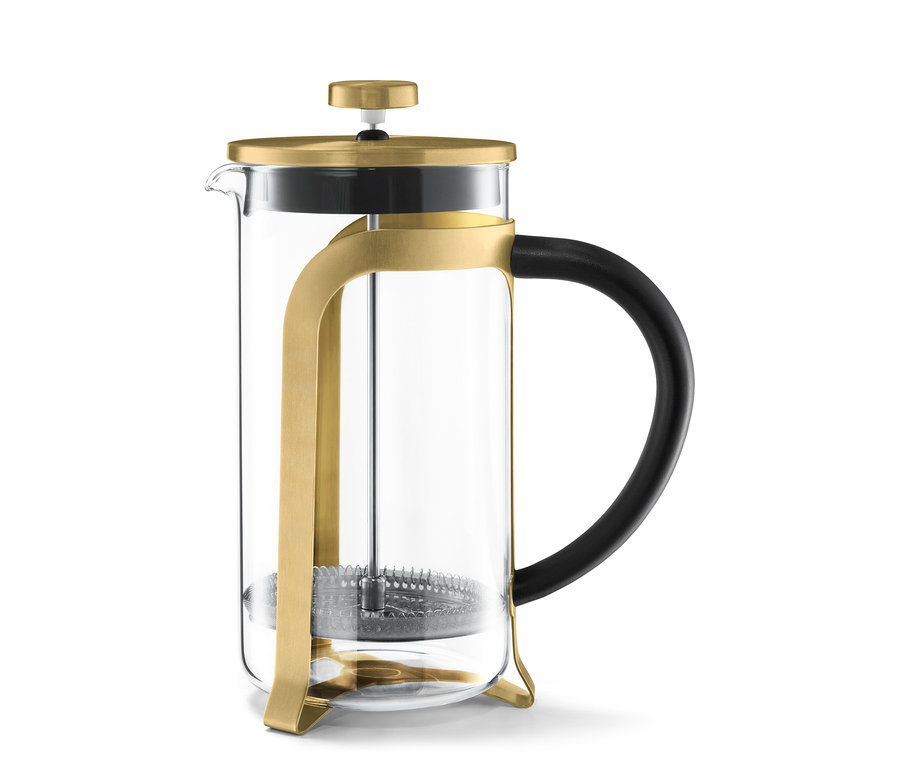 Zlatá konvička french press o objemu 800 ml na 6 šálků s černou rukojetí na bílém pozadí.