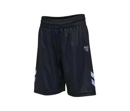Černé šortky hummel® HML Shimmer Shorts s elastickým pasem, bílým logem a třpytivými pruhy ve tvaru šipek po stranách.