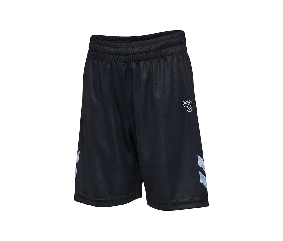 Černé šortky hummel® HML Shimmer Shorts s elastickým pasem, bílým logem a třpytivými pruhy ve tvaru šipek po stranách.