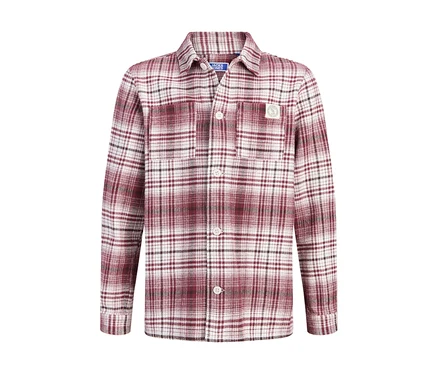 Svrchní košile Jack & Jones s červeno-bílo-černým kostkovaným vzorem, límečkem, bílými knoflíky a náprsní kapsou.