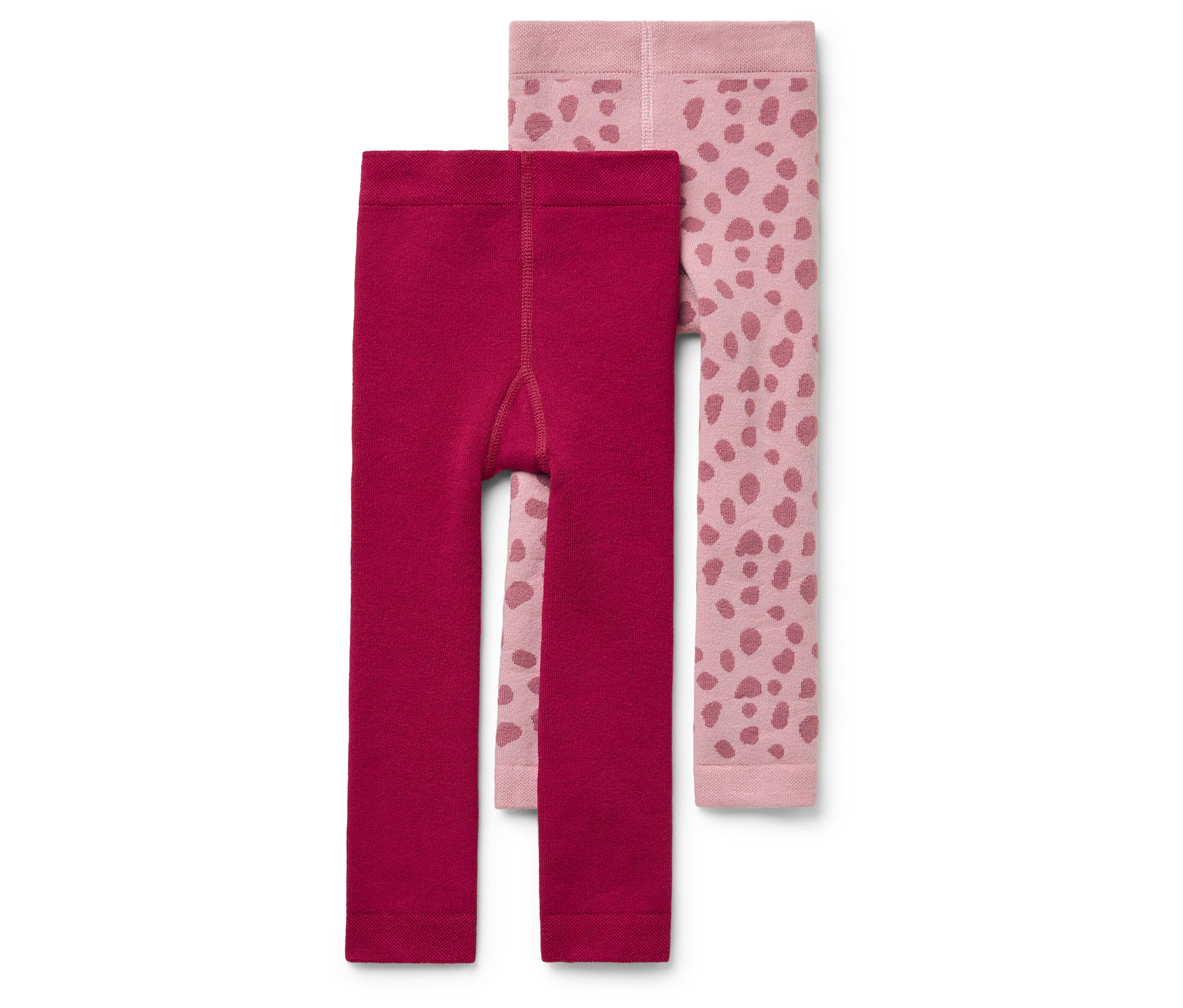 Dvoje dětské punčocháče: jedny bordó, druhé světle růžové s tmavě růžovým zvířecím potiskem.
