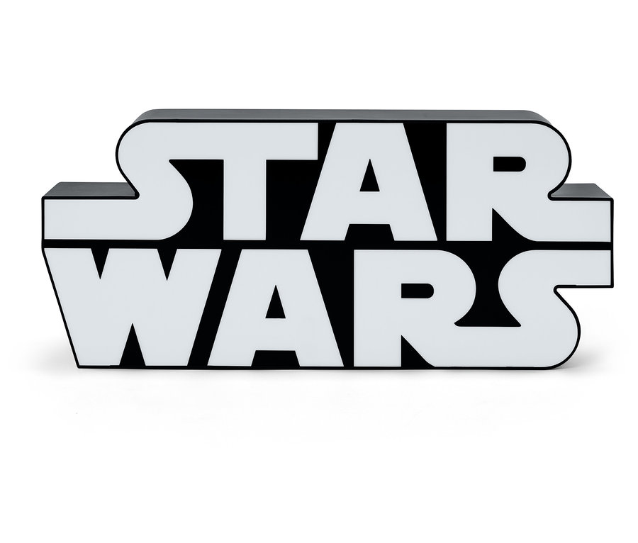 Černo-bílý nápis Star Wars na bílém pozadí.