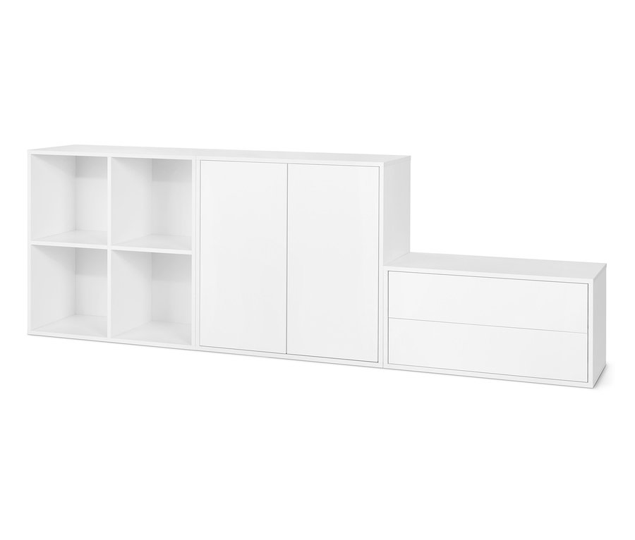 Bílé regálové moduly Flemming: otevřený, se dvířky a se dvěma zásuvkami.