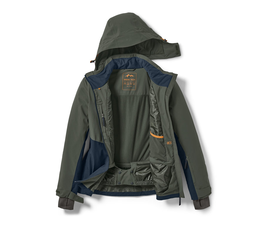 Otevřená lyžařská bunda khaki barvy s kapucí.