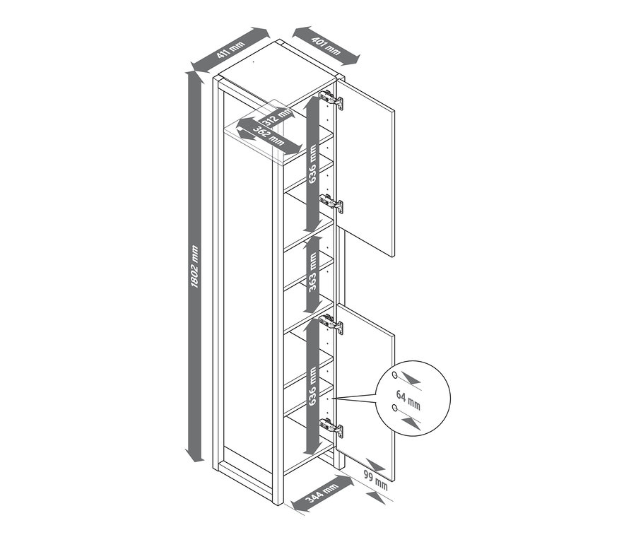 Nákres vysoké koupelnové skříňky s otevřenými dvířky a rozměry.