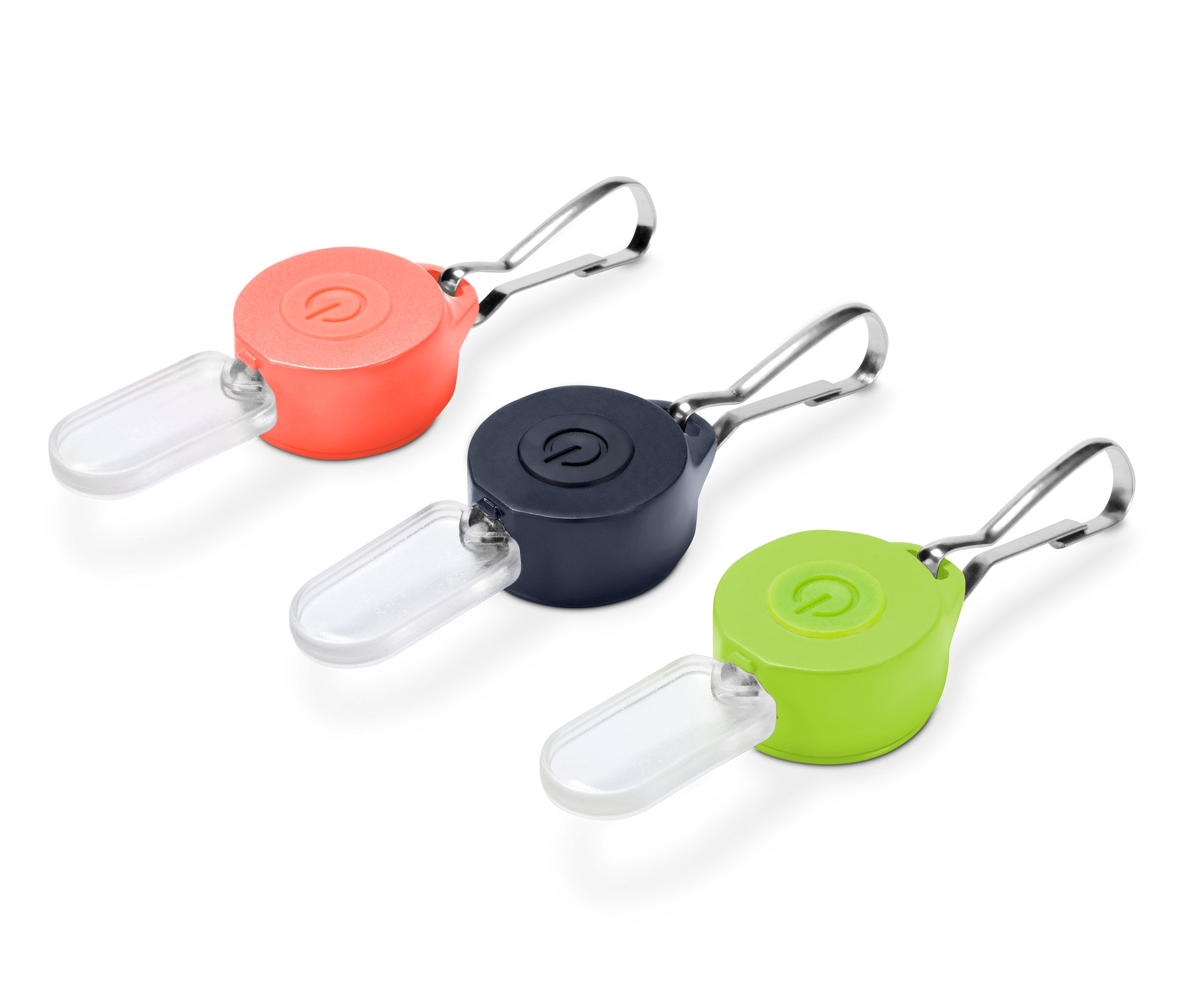 Tři LED přívěsky v oranžové, tmavě modré a zelené barvě.