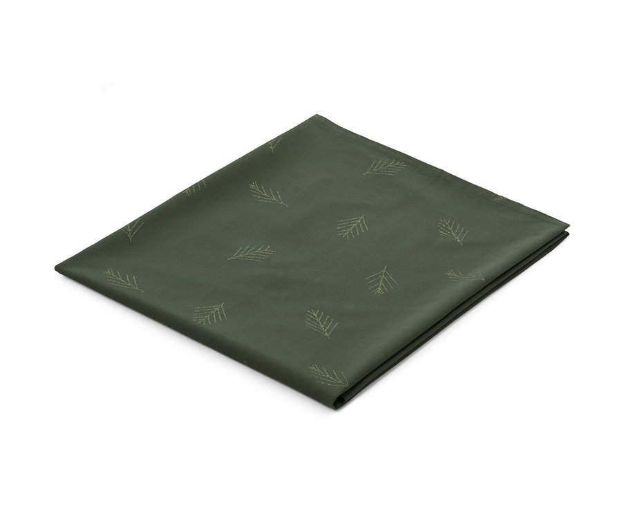 Zelený žakárový ubrus s motivem jehličí.