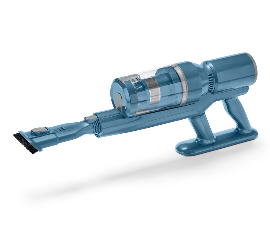 Modrý akumulátorový vysavač s digitálním displejem na bílém pozadí.