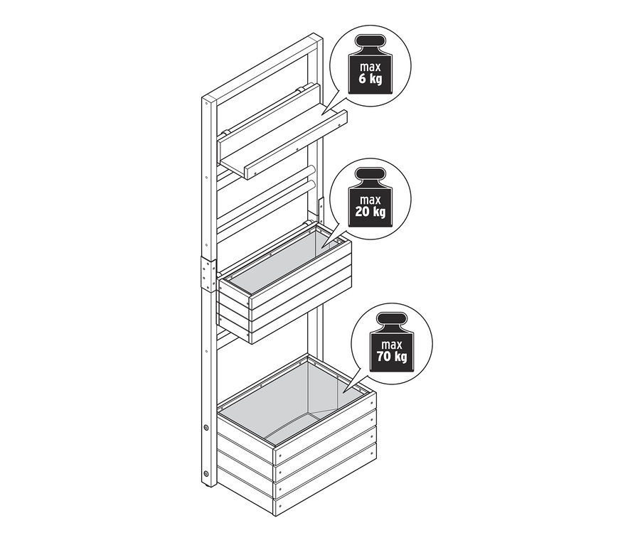 Ilustrace truhlíkové stěny »Elin« s flexibilně zavěsitelnými prvky a policemi.
