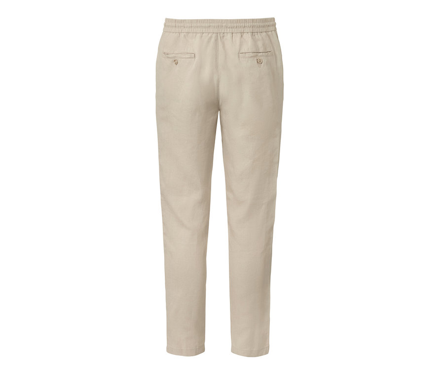 Béžové lněné kalhoty chino s elastickým pasem.
