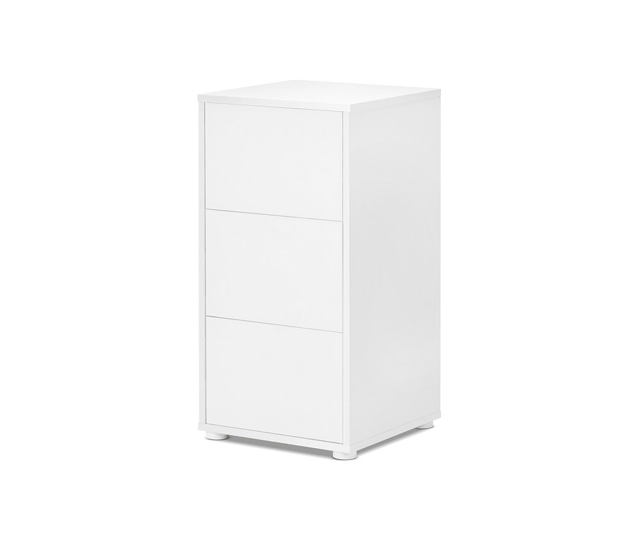 Bílá zásuvková skříňka se třemi zásuvkami.