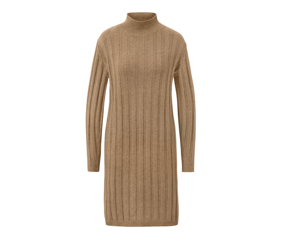 Hnědé žebrované pletené šaty se stojáčkem.