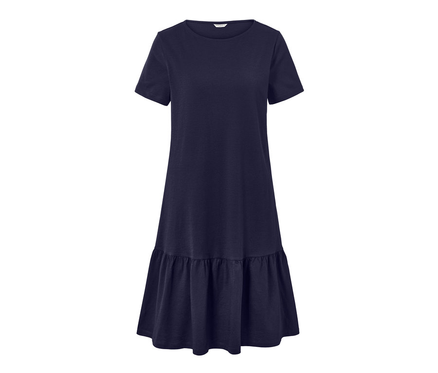 Tmavě modré žerzejové šaty s volánem.
