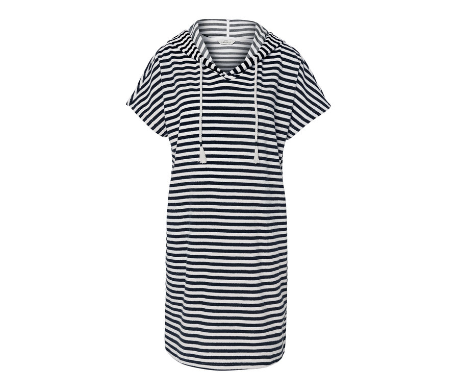 Proužkované plážové froté šaty s kapucí a krátkými rukávy.