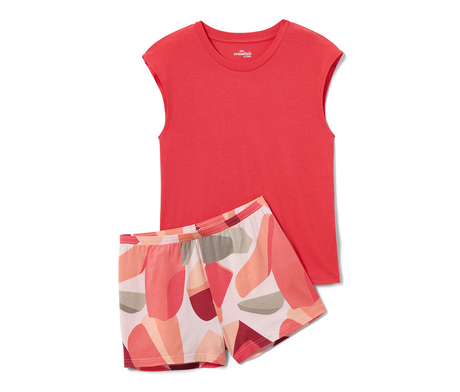 Krátké pyžamo se skládá z korálového topu bez rukávů a šortek s abstraktním potiskem.