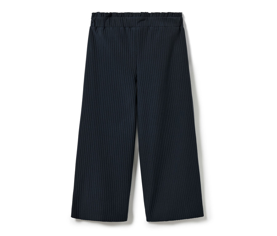 Modré dětské kalhoty culotte na bílém pozadí.