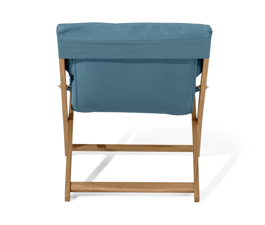 Modrošedé skládací relaxační křeslo.