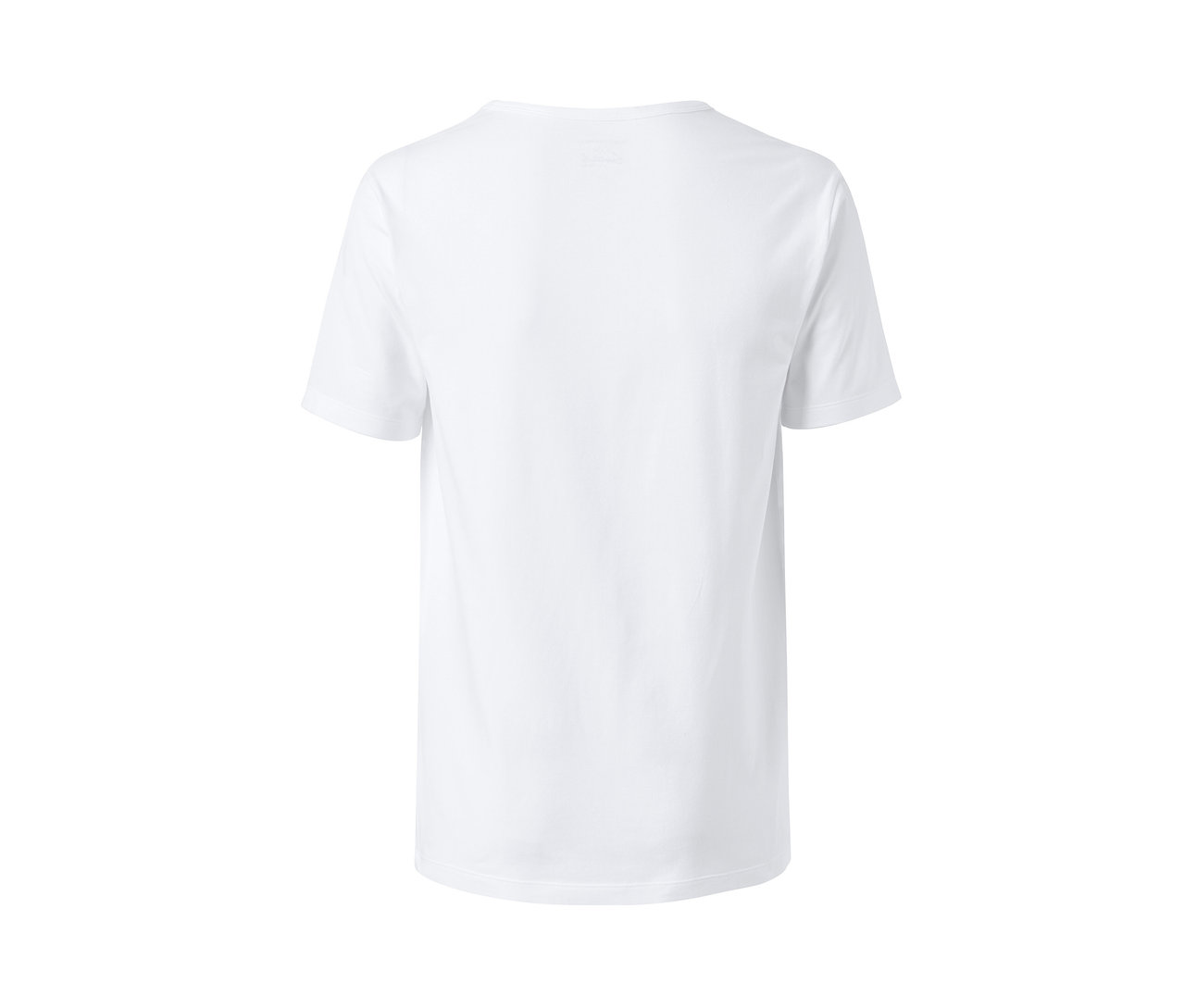 Zadní strana bílého trička s krátkým rukávem. Dva žerzejové spodní díly s polodlouhým rukávem.