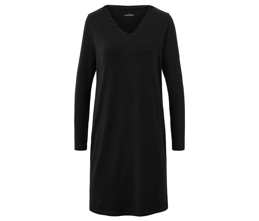 Černé noční košile s dlouhými rukávy a krajkou kolem výstřihu do V.