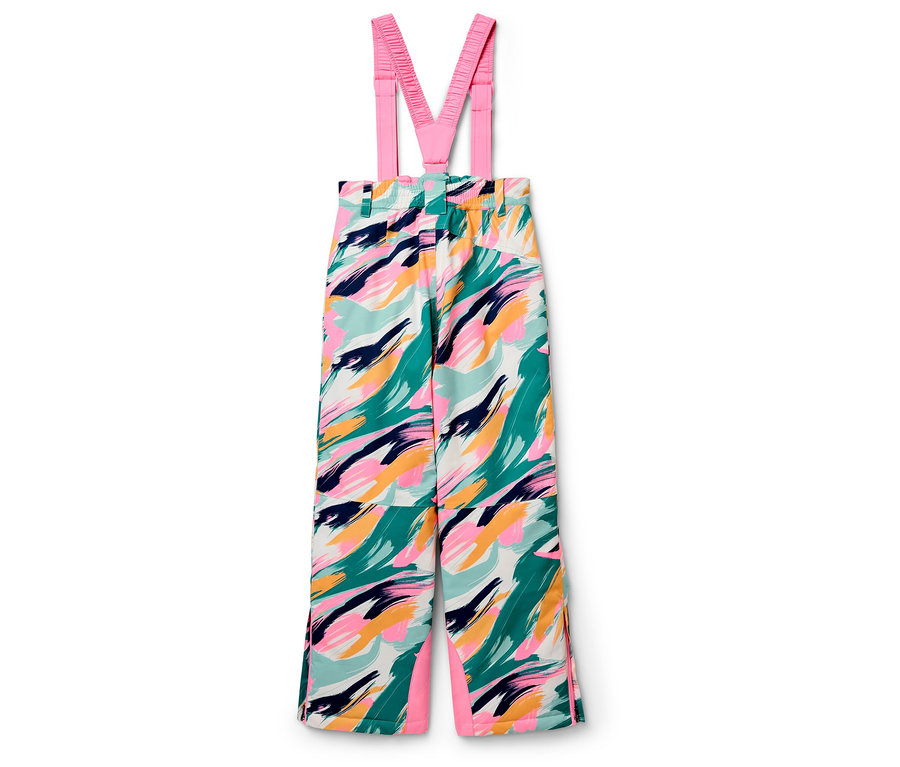 Lyžařské kalhoty s laclem s barevným vzorem a růžovými detaily.