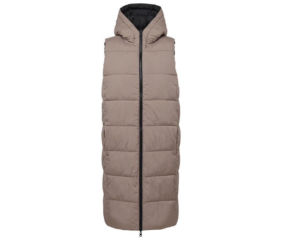 Béžová prošívaná vesta s kapucí a černým zipem.