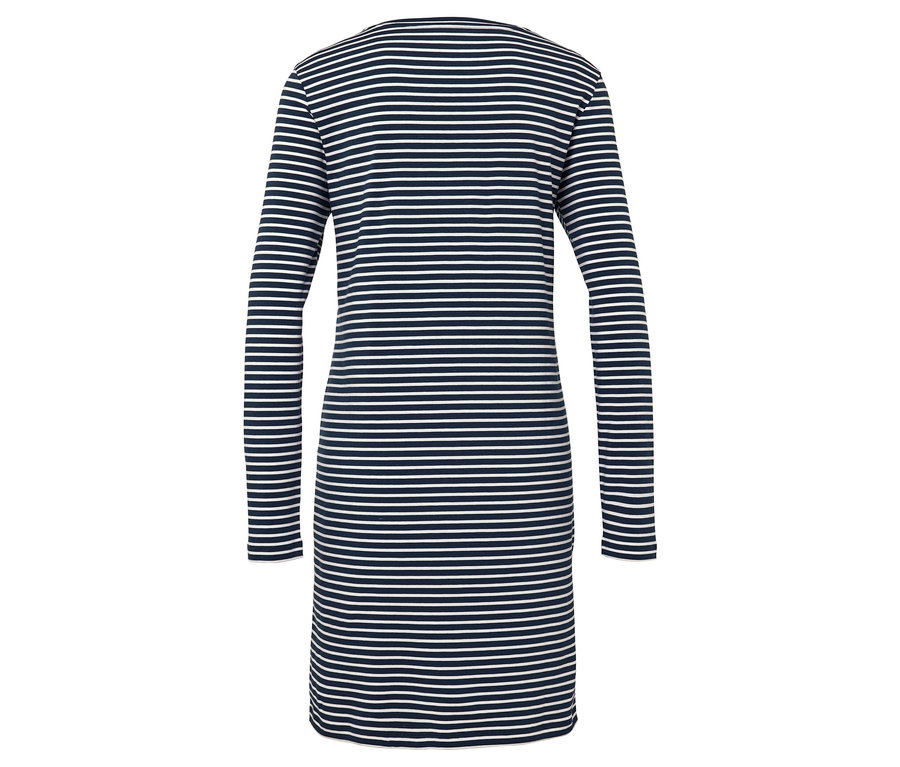 Pohled zezadu na pruhované šaty s dlouhým rukávem v námořnické modré a bílé barvě.