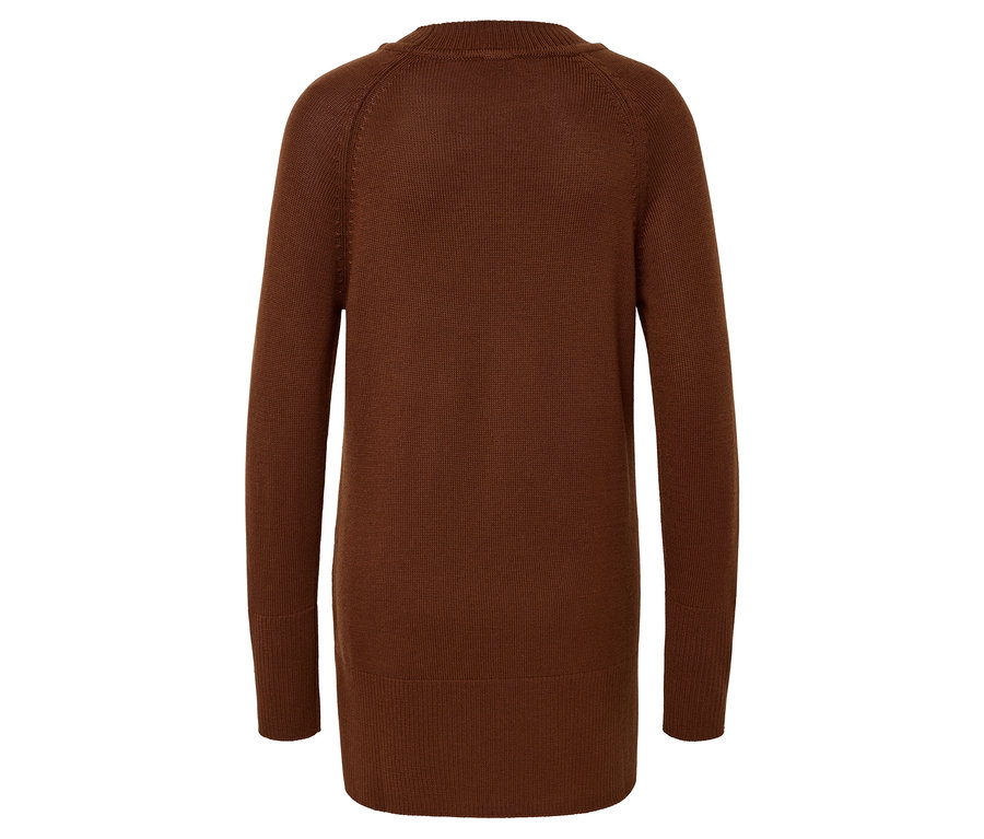 Zadní pohled na hnědý pletený kardigan s dlouhými rukávy.