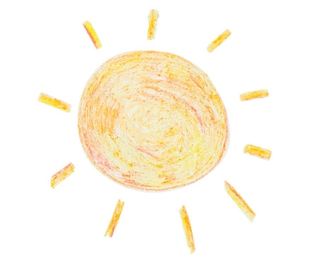 Žluté slunce nakreslené konfetovými voskovkami, 6 ks, v levém horním rohu na bílém pozadí.